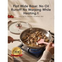 PURECOOK Tri‑Ply 304 Stainless Steel Large Frying Pan nontoxic durable fast‑even‑heat flared‑rim satin‑finish kitchen cookware household skillet with lid Oven‑Safe 220℉ All‑Cooktops‑Compatible 28cm 11Inch Silver Single‑Piece includes lid