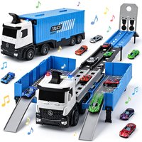 Blauwe speelgoedtransportvrachtwagen met auto's voor jongens, draagbaar vrachtwagenspeelgoed met 8 raceauto's, speelgoedset met voertuigtransporter als verjaardagscadeau voor kinderen van 3, 4, 5, 6, 7, 8, 9, 10-12+ jaar, jongens en meisjes