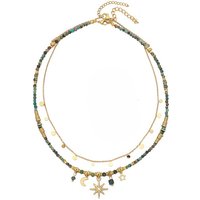 16-Inch Double Layered Necklace, Natural Gemstones and Stainless Steel Gold Plated Charms