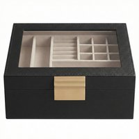 JOYFURNOS Jewellery Box with Glass Lid, 2-Layer Jewellery Organiser with Removable Tray, Jewellery Storage, Modern Style, Gift for Loved Ones, Graphite Black and Metallic Gold