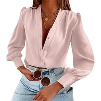 Women's Business Casual Tops Summer Long Sleeve Silk Button Down Shirts V Neck Chiffon Blouses (Pink, XL)