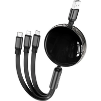 HOCO 3-in-1 Retractable Charging Cable - USB-A to Lightning/ USB-C/ Micro-USB - 1M - Black