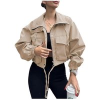 Women's Cropped Jacket Zip Up Lightweight Oversized Utility Anorak Coat with Pockets (khaki, XL)