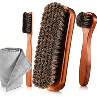JORDAN&JUDY Horsehair Shoe Shine Brush 4-Piece Set, Beechwood Handle, Leather Shoe Care Kit