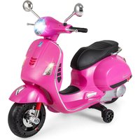 Costway 12 V gelicentieerde Vespa elektrische kinderscooter, 4-wielige motorscooter met muziek, claxon, verhalen en zijwieltjes, leeftijden 3-6, roze