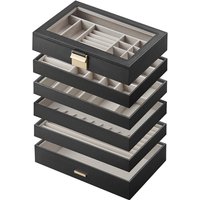JOYFURNOS Stackable Jewellery Trays, 6-Tier Jewellery Box, Large Jewellery Case, Clear Glass Lid, 17 x 28 x 25.3 cm, for Dressing Table, Gift Idea, Ink Black