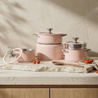 PURECOOK Colored Ceramic-Coated 304 Stainless Steel 4-Piece Cookware Set Series 16cm Milk Pot, 18cm Soup Pot with Steamer Insert , 22cm Hot Pot, 24cm Stock Pot - Pink Ceramic Coating, Multi-Ply Base, Heat-Conducting Silicone Glass Lid, 304 Stainless Steel