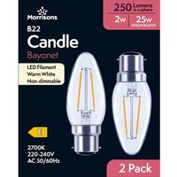 Morrisons Light Bulb LED Candle Filament Bayonet B22 Warm White 2W 250 Lumens 2pcs