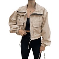 Women's Cropped Jacket Zip Up Lightweight Oversized Utility Anorak Coat with Pockets (khaki, S)