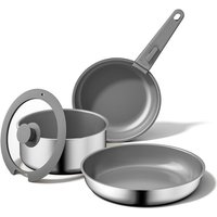 naturepan 5 PCS Ceramic Cookware Set, Stainless Steel Exterior Pots and Pans Set Non Stick, 10x More Durable Super Ceramic Coating, Detachable Handle Induction Hob Pan Set, 75% Space Saving, PFAS & PFOA Free, RV Camping Cookware (Grey)