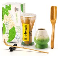 TEANAGOO Matcha Klopper Set, Matcha Klopper (100 tanden) met Groene Houder, 6-delige Traditionele Startersset, Lepel (Chashaku), Theelepel, Bamboe Chasen voor het maken van Latte, Ceremonie Accessoire, Cadeau voor Vriend/Familie, Nieuwjaarsuitverkoop, Top cadeau keuzes