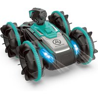 Dual Control Gesture Amphibious RC Tank, Waterproof Land Water Stunt Vehicle with Water Shooting, 360° Rotation All Terrain Offroad Toy with LED Lights for Kids 8+ Pool Beach Gift One piece in green.