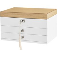 JOYFURNOS Jewellery Box, 3-Tier Jewellery Organiser with Large Mirror, 2 Drawers, Lockable, Gift for Loved Ones, for Rings, Earrings, Bracelets, Necklaces, White and Wood Grain Colour