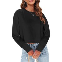 Woman Long Sleeve Cropped T Shirts Round Neck Casual Drop Shoulder Crop Tops Solid Sweater Tees (black, XXL)
