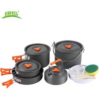 BRS 157-serie campingkookset, 4,2 l hangpan, 2,9 l grote pan, 1,7 l middelgrote pan, 1,3 l koekenpan, 1,1 l veldfles