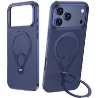 IM-CHEN iPhone 17 Pro Max Case, Alloy Frame, 360° Rotating Metal Stand, Premium Leather Ring Holder, Anti-Drop, Blue, 1 Piece