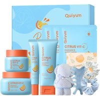 QUIYUM New Year Gift Citrus Vitamin C Skincare Set (11pcs) - Facial Cleanser 100g, Eye Cream 20g, Face Cream 50g, Body Scrub 200g, Face Mask 25g×3, with Hair Ties×2, Facial Massage Comb, Teddy Bear Towel