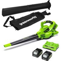 greenworks 48 V (24 V x 2) accu-bladblazer en bladzuiger met 45 l hakselopvangzak en schouderriem, 322 km/h, 9 m³/min, twee 24 V 4 Ah accu's en dubbele oplader, 3 jaar garantie GD24X2BVK4X