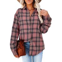 Women's Long Sleeve Plaid Shirts Flannel Collared Button Down Shacket Casual Rolled Up Boyfriend Blouse Tops (Pink, L)