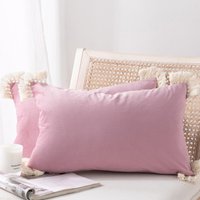 Phantoscope Pack of 2 Corduroy Soft Pillow Covers Decorative Striped Velvet Throw Pillows with Cotton Tassels Ultra Solid Cushion Covers Pillowcases,Light Purple 30 x 50cm