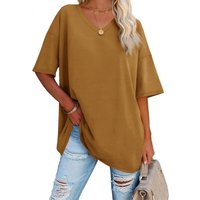 Women's Oversized Tshirts V Neck Tee Shirts Half Sleeve Loose fit T Shirt Cotton Tunic Tops 2025 (khaki, XXL)