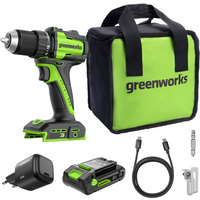 Greenworks 24 V accuschroefboormachine borstelloos 45 Nm, lichtgewicht, ledverlichting, 18+1 koppelstanden, incl. 2,0 Ah USB-C accu (12.000 mAh powerbank) & 30 W USB-C oplader DD345