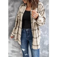 Women's Long Sleeve Plaid Shirts Flannel Collared Button Down Shacket Casual Rolled Up Boyfriend Blouse Tops (beige, XL)