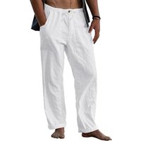 Men's Linen Trousers, Long Wide Summer Trousers, Drawstring Yoga Pants with Pockets, Airy Sun Protection Beach Trousers (white, XL)