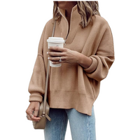 Women's Tunic Sweater Fall Long Sleeve 1/4 Zip Pullover Sweaters Oversized Slouchy Ribbed Knit Sweatshirt with Slit (lightbrown, S)