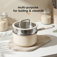 PURE COOK Colored Ceramic-Coated 316 Stainless Steel 2-Piece Milk Pot with Steamer Insert, Off-White Ceramic Exterior, 316 Stainless Steel Interior, Silicone-Wrapped Stainless Steel Handle, Earless Steamer Insert, Silicone Glass Lid