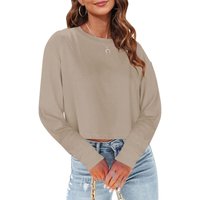 Woman Long Sleeve Cropped T Shirts Round Neck Casual Drop Shoulder Crop Tops Solid Sweater Tees (khaki, S)