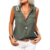 Women's Solid Lapel Sleeveless Tank Tops Summer Button Down Shirts Office Ladies Shirts (militarygreen, XL)