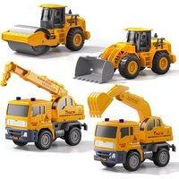 Bouwvoertuigen speelgoedset, 4-delige set wrijvingsaangedreven bouwvoertuigen met graafmachine, kraan, buldozer, wals
