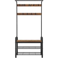 Ochama Coat Rack, Hall Tree with Shoe Bench, Entryway Bench with Coat Rack, 9 Removable Hooks, a Hanging Rod, Brown and Black