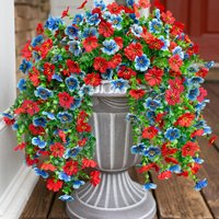 4Pcs 29.5in/75cm Artificial Faux Hanging Flowers Plants for Outdoor Decor Outside Fake Mums Violets with Eucalyptus Realistic Daisy Trailing Vines for Yard Balcony Porch Decor(red&blue)