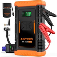 ASPERX jumpstarter-powerbank met compressor, 150 PSI, 3000 A autojumpstarter-powerbank met LED-zaklamp en startkabels, voor 12V-motoren en SUV's (tot 10 l benzine of 8 l diesel)