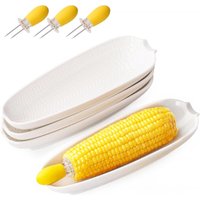 Dafuceramic porseleinen maïskolfhouders 8,8 inch, set van 4 witte maïsschalen met roestvrijstalen maïskolfhouders, 4 stuks, magnetron-, vaatwasser- en ovenbestendig