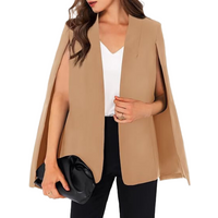 Women's CAPE Blazer Split Sleeve Open Front Lightweight Office Jacket Workwear (khakiColor, L)