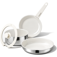 naturepan 5pcs Nonstick Cookware Set, Diamond-Titanium Ceramic Coating & 3 Layer Stainless Steel Pots and Pans Set with Detachable Handle, Dishwasher Safe, Induction Compatible, Oven Safe, White