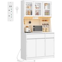 HaluPeit Kitchen Cupboard with LED & Power Outlet, Tall Kitchen Cabinet with Countertop & 2 Drawers, Sideboard Storage Cabinet, Adjustable Shelves, for Dining Room, 40 x 100 x 180 cm, White