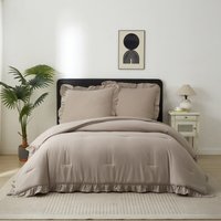 Meeallhome retro beddengoedset met ruches van puur katoen, dekbed 140 x 200 cm + kussensloop 65 x 65 cm x 1, tarwekleurig