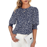 Women's Polka Dot 3/4 Sleeve Blouse Tops Ladies Casual Office Work Crew Neck T-Shirt (darkblue, XXL)