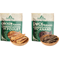 MeatyWay hondensnacks met malse gedroogde kip- en eendenreepjes, hoog eiwitgehalte, laag vetgehalte, 100% natuurlijke graanvrije hondensnacks, licht verteerbare trainingssnacks, 454 g/16 oz. (verpakking van 2)