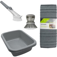 JVL Grey Washing Up Bowl, Sesha Dish Drying Mat & Soap Dispensing Brush Bundle