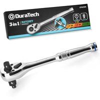 DURATECH 3-in-1 omkeerbare ratelgreep 180 mm, 1/4", 3/8", 1/2" aanslag ratelmoersleutel, 72-tandige socket sleutel van gelegeerd staal voor autoherstel