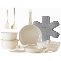 Redchef 16-Piece Detachable Handle Ceramic Cookware Set, White & Coffee, PTFE/PFAS/PFOA-Free, Dishwasher-Safe