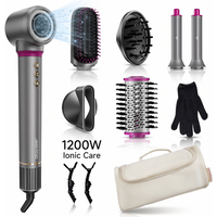 Okaydeer D1 Air Styler met Coanda-effect, 7-in-1 hogesnelheidsföhn & automatische krultang, ionische heteluchtborstel voor snel drogen en stylen, geen extreme hitteschade, geschikt voor alle haartypes, met reisetui, metallic grijs & rozerood