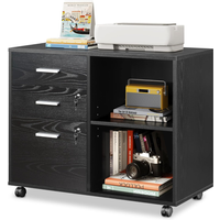 DEVAISE Rolling Container with 3 Drawers and Open Shelves, Mobile Filing Cabinet with Wheels, Printer Table for DIN A4/Legal/Letter, Lockable Cabinet for Office and Home Office, balck