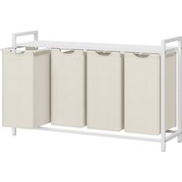 JOYFURNOS Laundry Basket, 4-Compartment Laundry Hamper, Pull-Out and Removable Liner Bags, Clothes Sorter, Shelf, Metal Frame, 4 x 40 L, 116 x 33 x 72 cm, Cream White and Matte White
