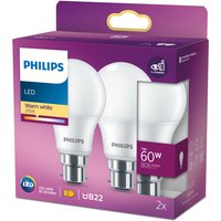 Philips Light Bulb LED Globe Frosted Bayonet B22 Warm White 60W Non-Dimmable 2pcs